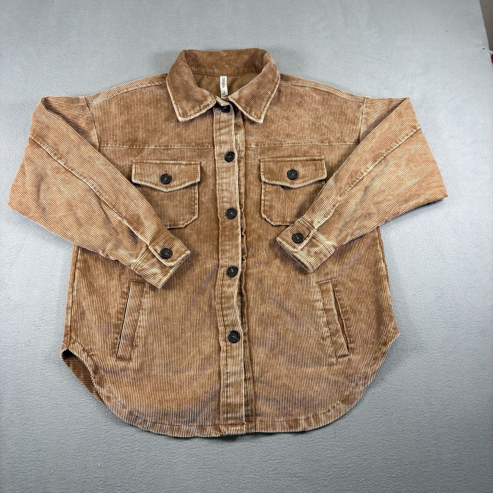Zenana Womens Small Corduroy Shacket Jacket Oversized Button Down Brown Cozy